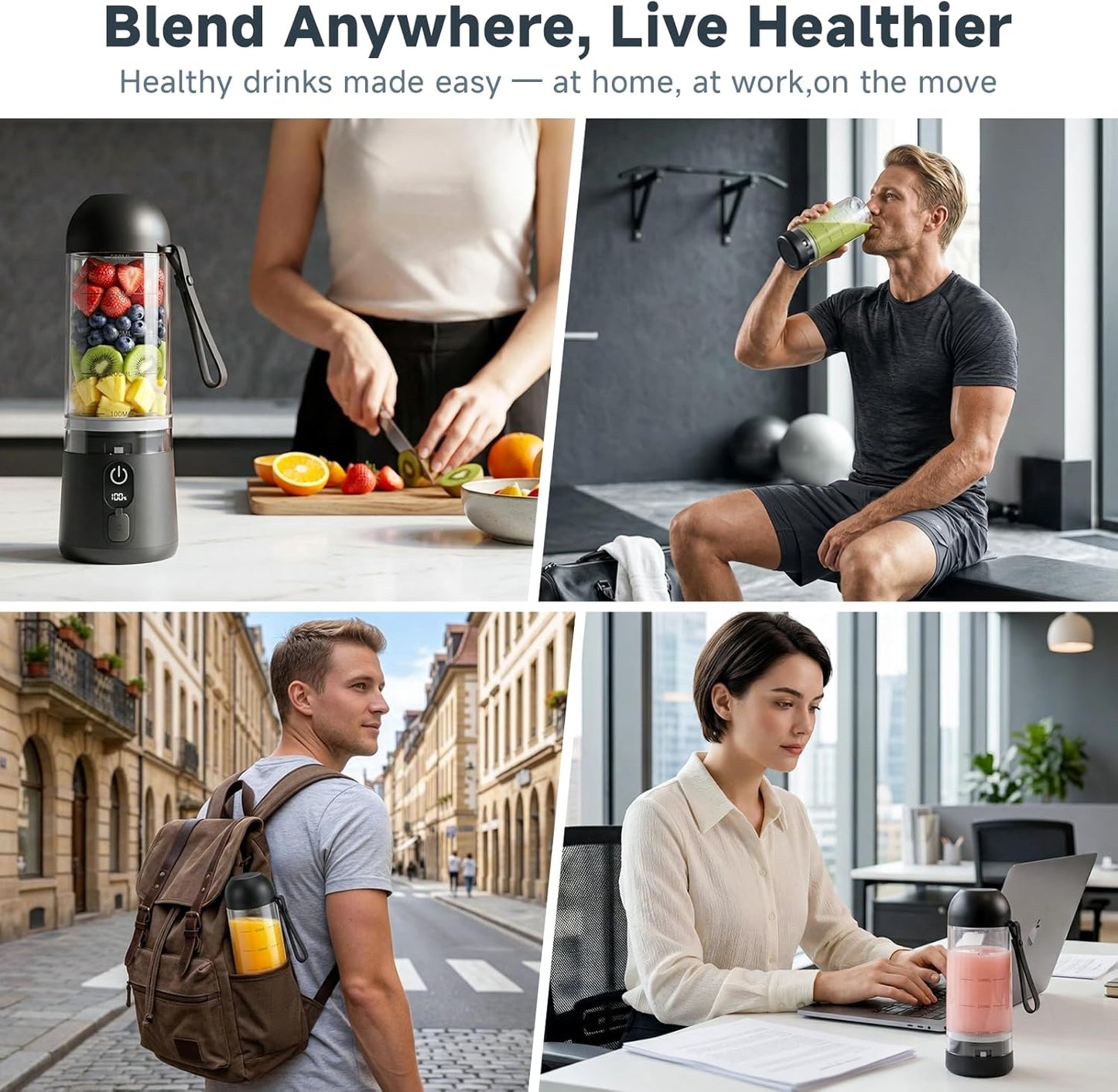 Portable Blender, 8 Blades Personal Size Smoothie Blender for Shakes, USB C Rechargeable Juicer Cup with LED Display, Travel Friendly Mini Mixer for Home, Office, Gym, 17Oz, Black