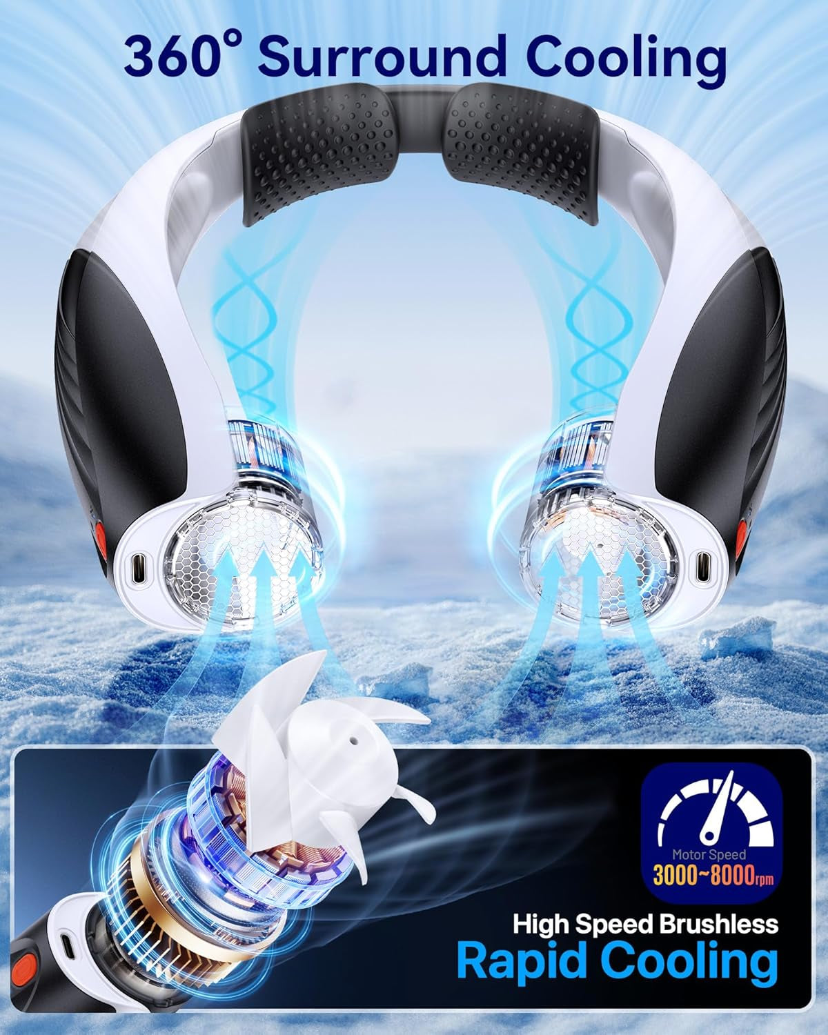 Portable Neck Fan, 20H Runtime Cooling Fan, 6 Speeds 360° Airflow Personal Fan, Rechargeable Hands Free with 6000Mah Battery Wearable Fan Gifts for Women Men Outdoor Travel Camping