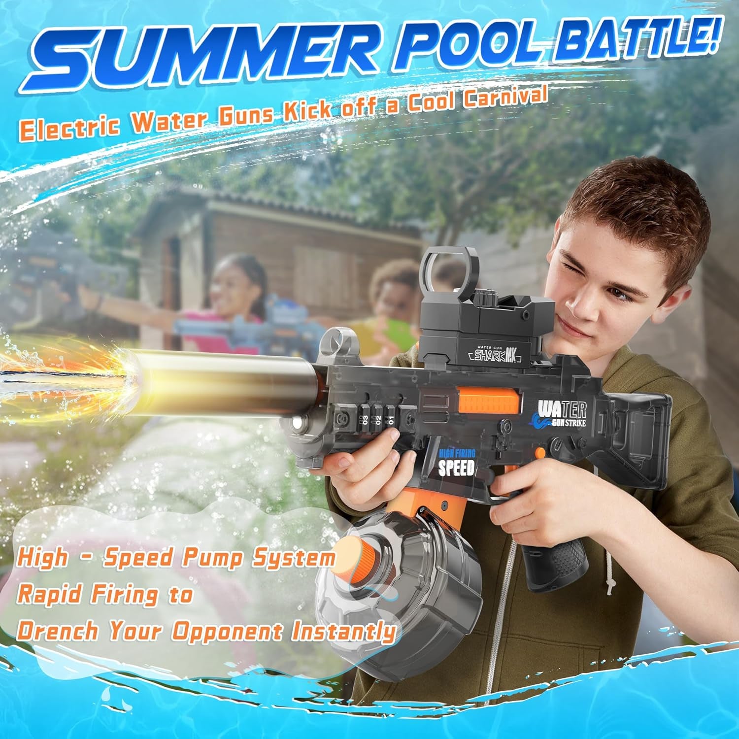 2 Pack Electric Water Guns for Adults & Kids, Automatic Squirt Guns with 32Ft Long Range, 300 Water Shots, LED Light, Summer Outdoor Swimming Pool Water Toys, Gray and Blue