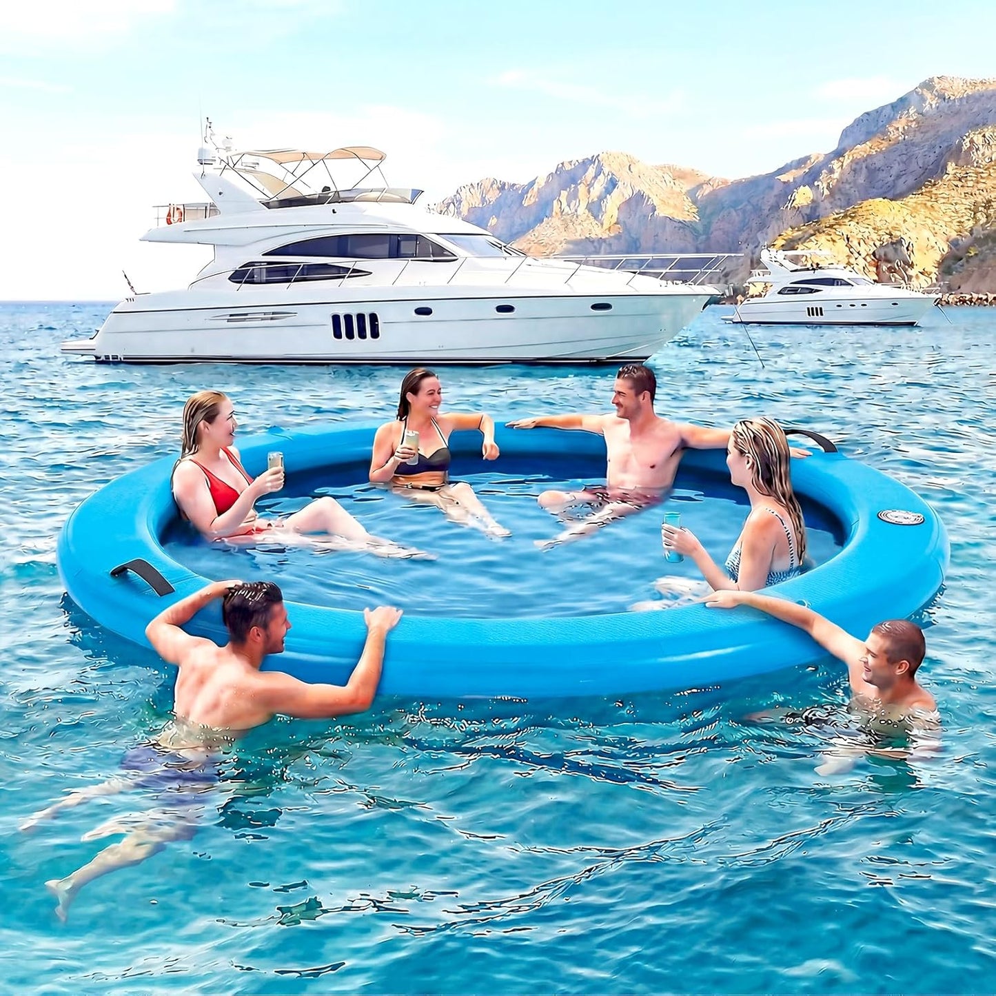 6-12FT round Inflatable Floating Dock, Sunchill Float Ring, Water Hammock Tanning Pool Floats with Woven Fabric, Manual Pump for Quick Inflate/Deflate, Fits 2-8, Ideal for Lakes, Oceans