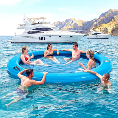 6-12FT round Inflatable Floating Dock, Sunchill Float Ring, Water Hammock Tanning Pool Floats with Woven Fabric, Manual Pump for Quick Inflate/Deflate, Fits 2-8, Ideal for Lakes, Oceans