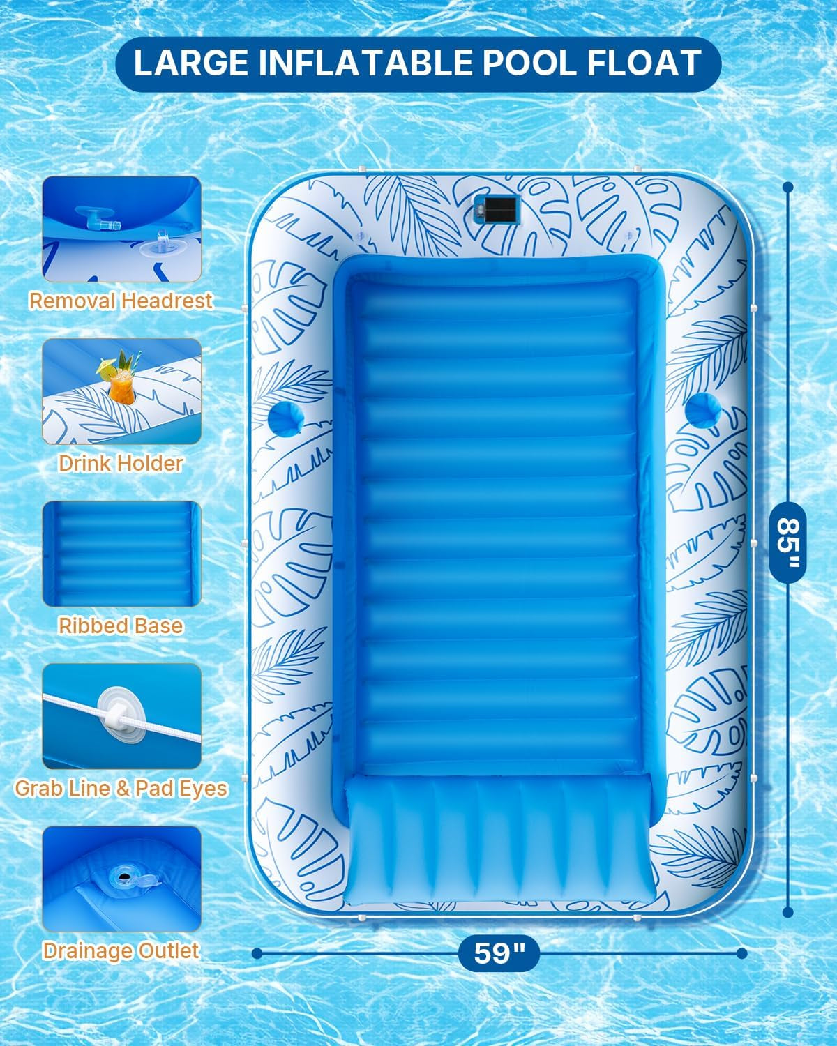 XL Inflatable Tanning Pool Float for 2 Adults with Lights,4 in 1 Suntan Tub Raft Float with Pillow, Cup Holders,85" X 59" Extra Large Blow up Pool Floats for Sunbathing, Pool, Backyard, Beach, Lake