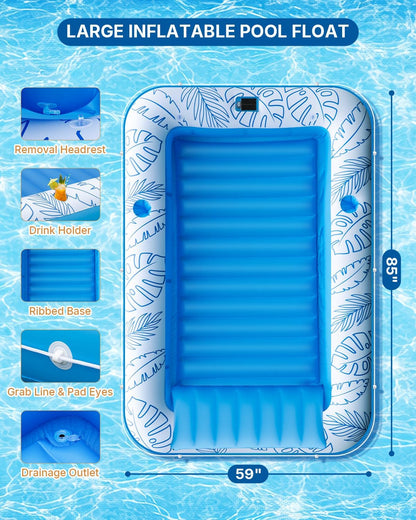 XL Inflatable Tanning Pool Float for 2 Adults with Lights,4 in 1 Suntan Tub Raft Float with Pillow, Cup Holders,85" X 59" Extra Large Blow up Pool Floats for Sunbathing, Pool, Backyard, Beach, Lake