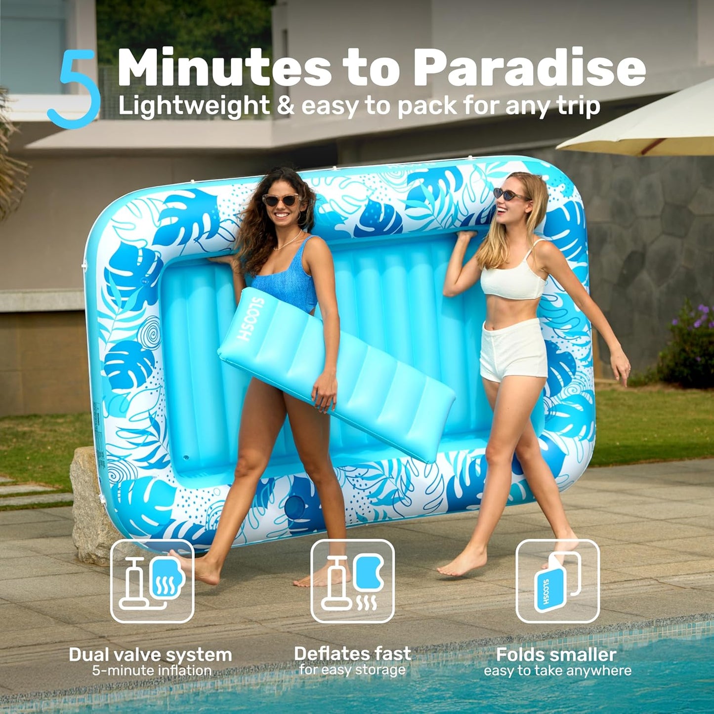 Inflatable Tanning Pool Lounger Float, 85" X 57" Extra Large Pool Floats Adult with Pillow, 4 in 1 Suntan Tub Raft Floatie,Sunbathing Bed Lounge for Water Blow up Ball Pit Party Gifts, Xl-Blue