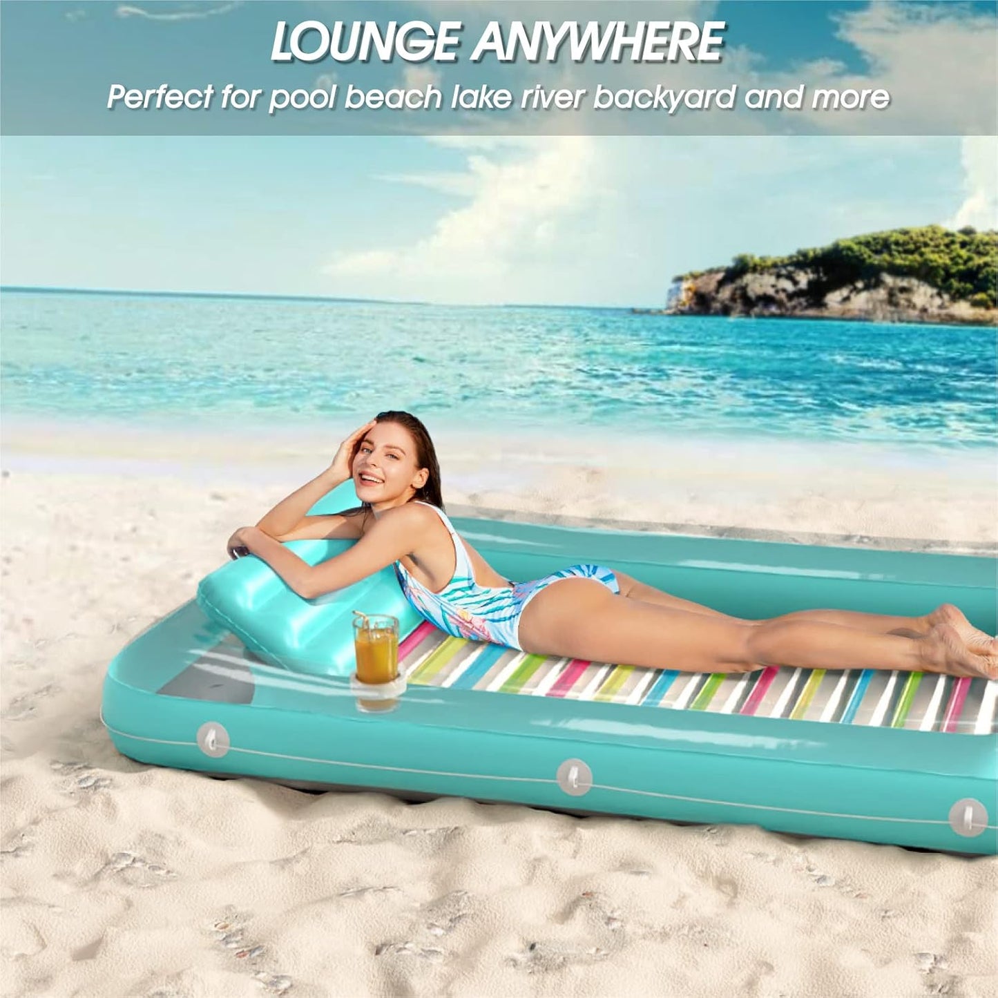 4 in 1 Inflatable Tanning Pool Lounger Float - Sunbathing Lounge Floatie Raft Toys, Water Filled Tanning Bed Mat Pad Blow up Kiddie Pool with Ball Pit for Adult, Kids (L)