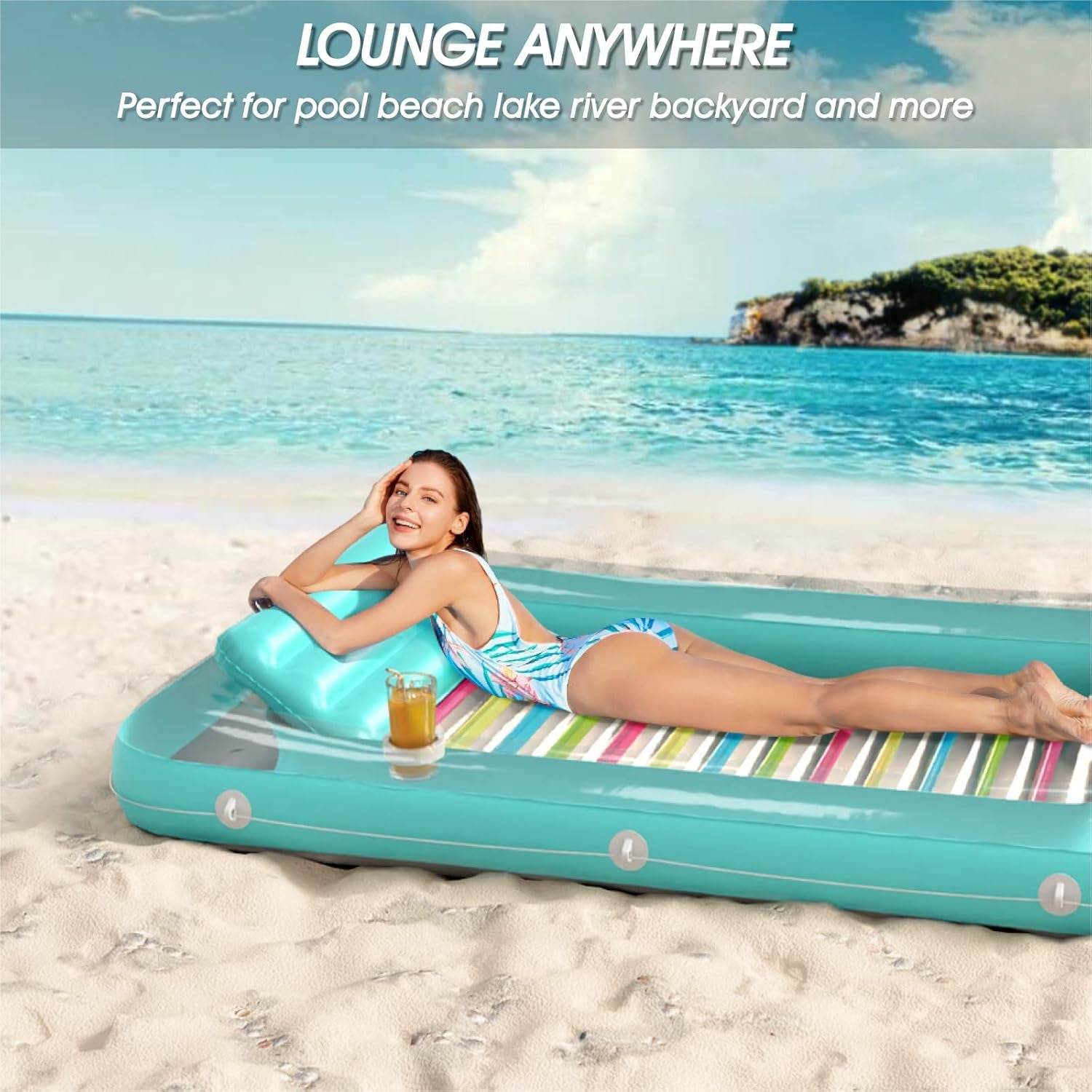 4 in 1 Inflatable Tanning Pool Lounger Float - Sunbathing Lounge Floatie Raft Toys, Water Filled Tanning Bed Mat Pad Blow up Kiddie Pool with Ball Pit for Adult, Kids (L)
