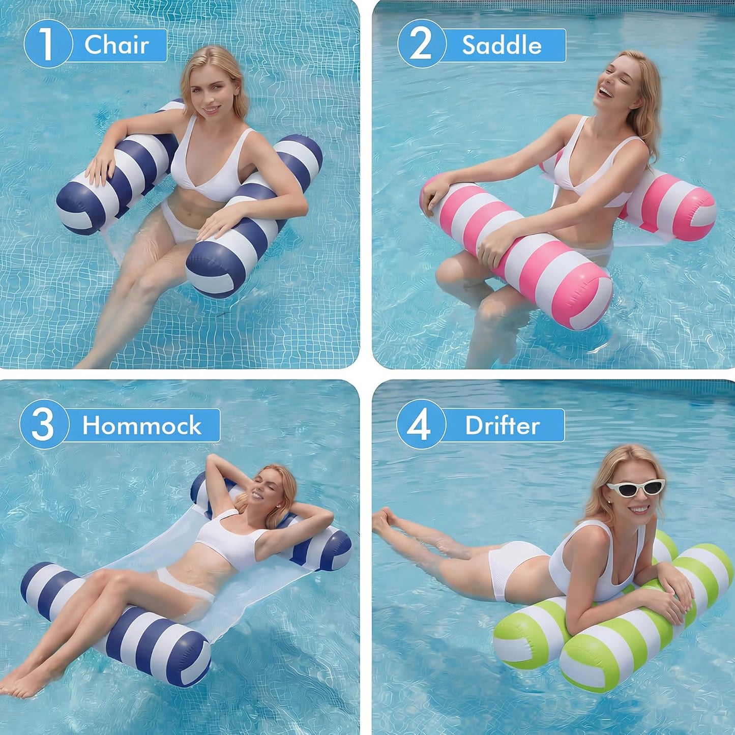 4 Pack Inflatable Pool Floats,  4-In-1 Water Hammock, Pool Floats Adult Size for Swimming Pool Party Summer Lake Water Fun