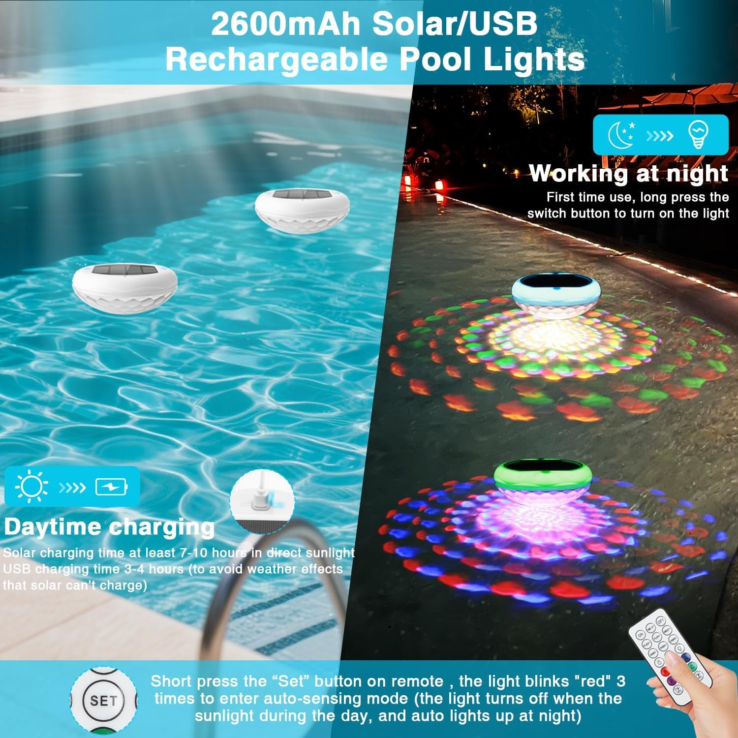 Solar Floating Pool Lights(4 PCS), USB Rechargeable Pool Lights, 2600Mah 6.7" IP68 Waterproof Pool Lights That Float with Remote, RGB 13 Colors Upper and Lower Glow Hangable Floating Light
