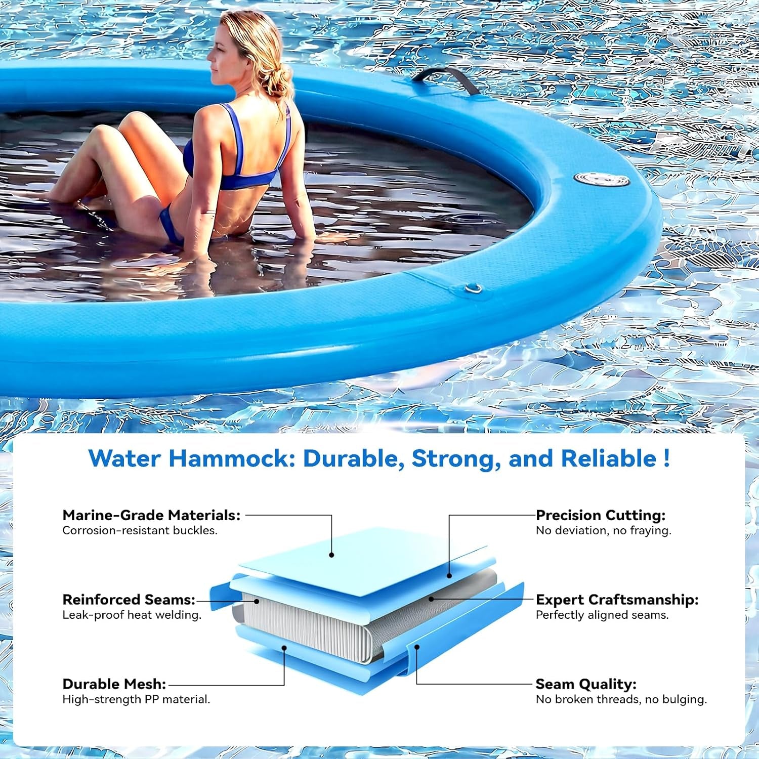 6-12FT round Inflatable Floating Dock, Sunchill Float Ring, Water Hammock Tanning Pool Floats with Woven Fabric, Manual Pump for Quick Inflate/Deflate, Fits 2-8, Ideal for Lakes, Oceans