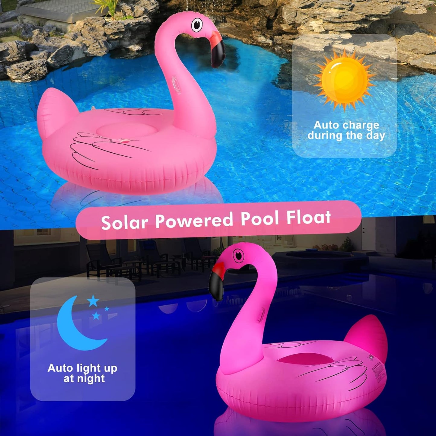 Big Swan Pool Floats Solar Powered Flamingo Pool Floats Adult W/Led Color Changing Lights, 69'' Large Inflatable Pool Floaties W/Cup Holder, Lake Float Lounger, Giant Light up Flamingo Pool Float