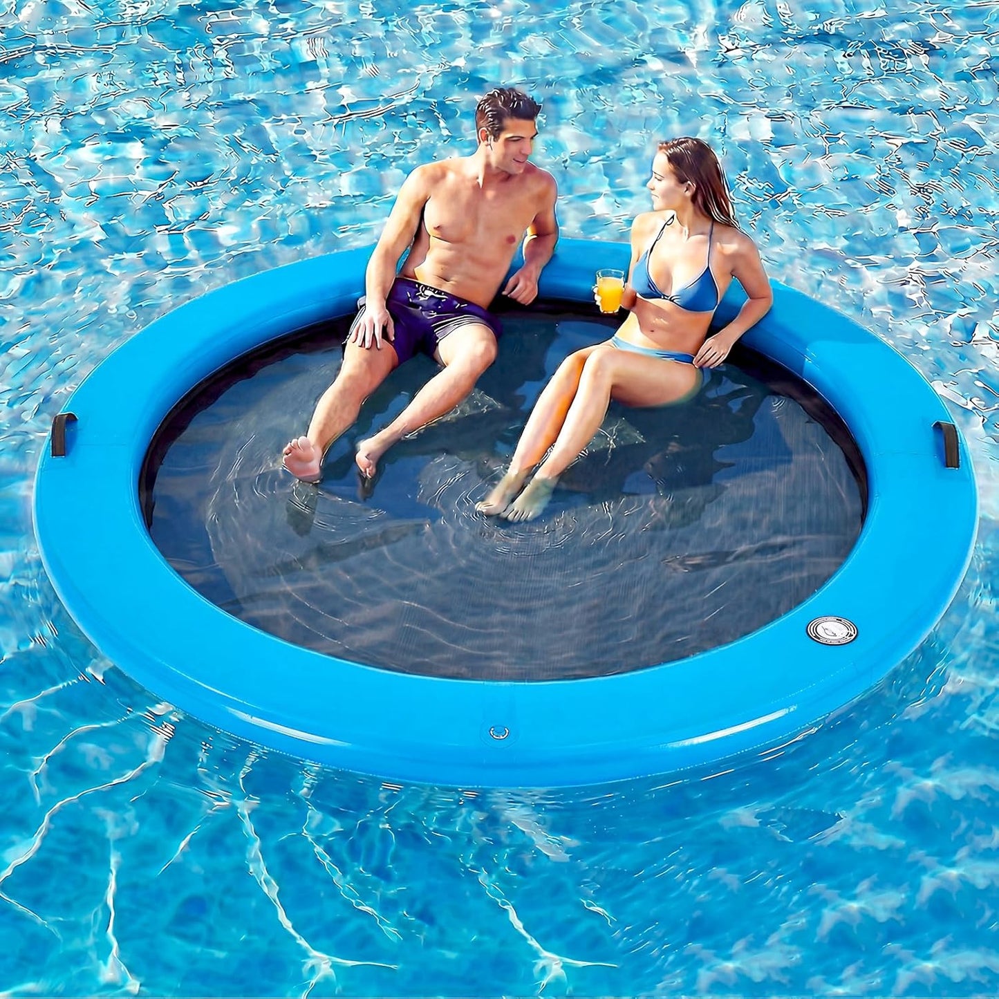6-12FT round Inflatable Floating Dock, Sunchill Float Ring, Water Hammock Tanning Pool Floats with Woven Fabric, Manual Pump for Quick Inflate/Deflate, Fits 2-8, Ideal for Lakes, Oceans