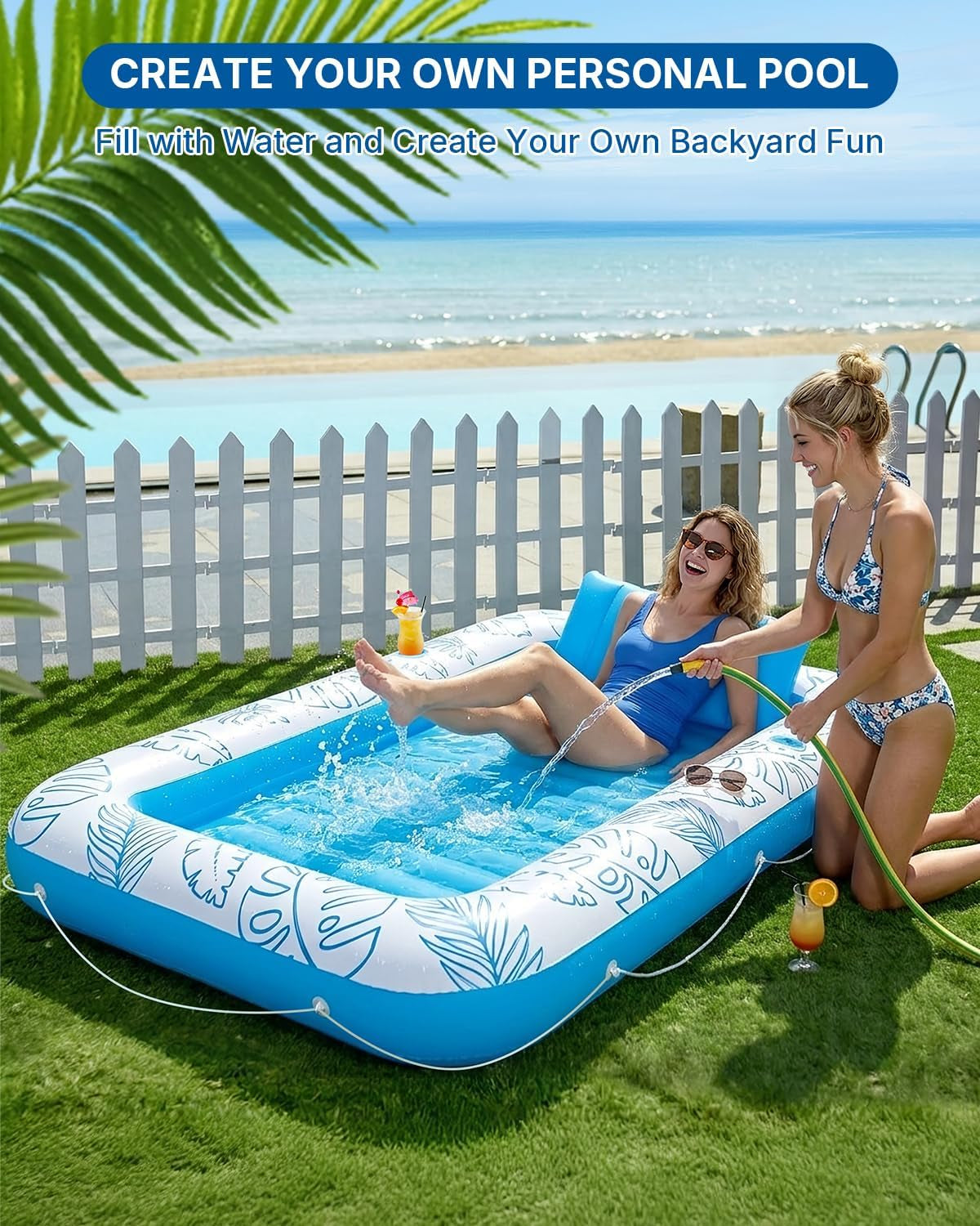 XL Inflatable Tanning Pool Float for 2 Adults with Lights,4 in 1 Suntan Tub Raft Float with Pillow, Cup Holders,85" X 59" Extra Large Blow up Pool Floats for Sunbathing, Pool, Backyard, Beach, Lake