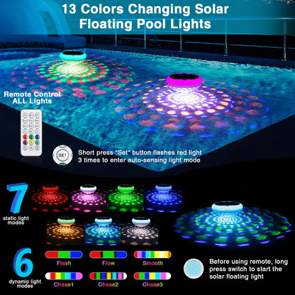 Solar Floating Pool Lights(4 PCS), USB Rechargeable Pool Lights, 2600Mah 6.7" IP68 Waterproof Pool Lights That Float with Remote, RGB 13 Colors Upper and Lower Glow Hangable Floating Light