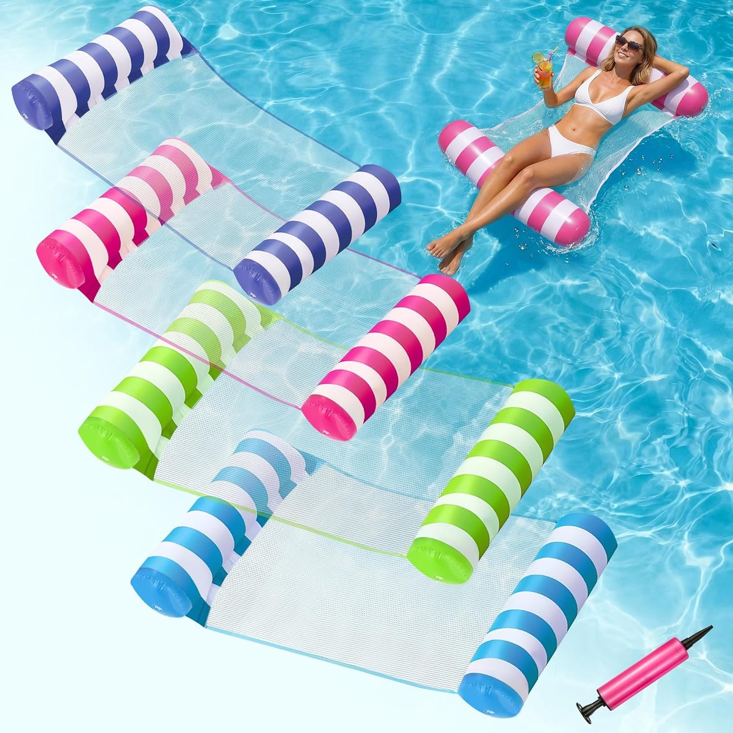 4 Pack Inflatable Pool Floats,  4-In-1 Water Hammock, Pool Floats Adult Size for Swimming Pool Party Summer Lake Water Fun
