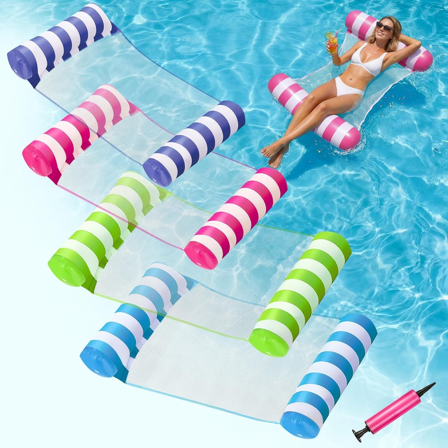 4 Pack Inflatable Pool Floats,  4-In-1 Water Hammock, Pool Floats Adult Size for Swimming Pool Party Summer Lake Water Fun
