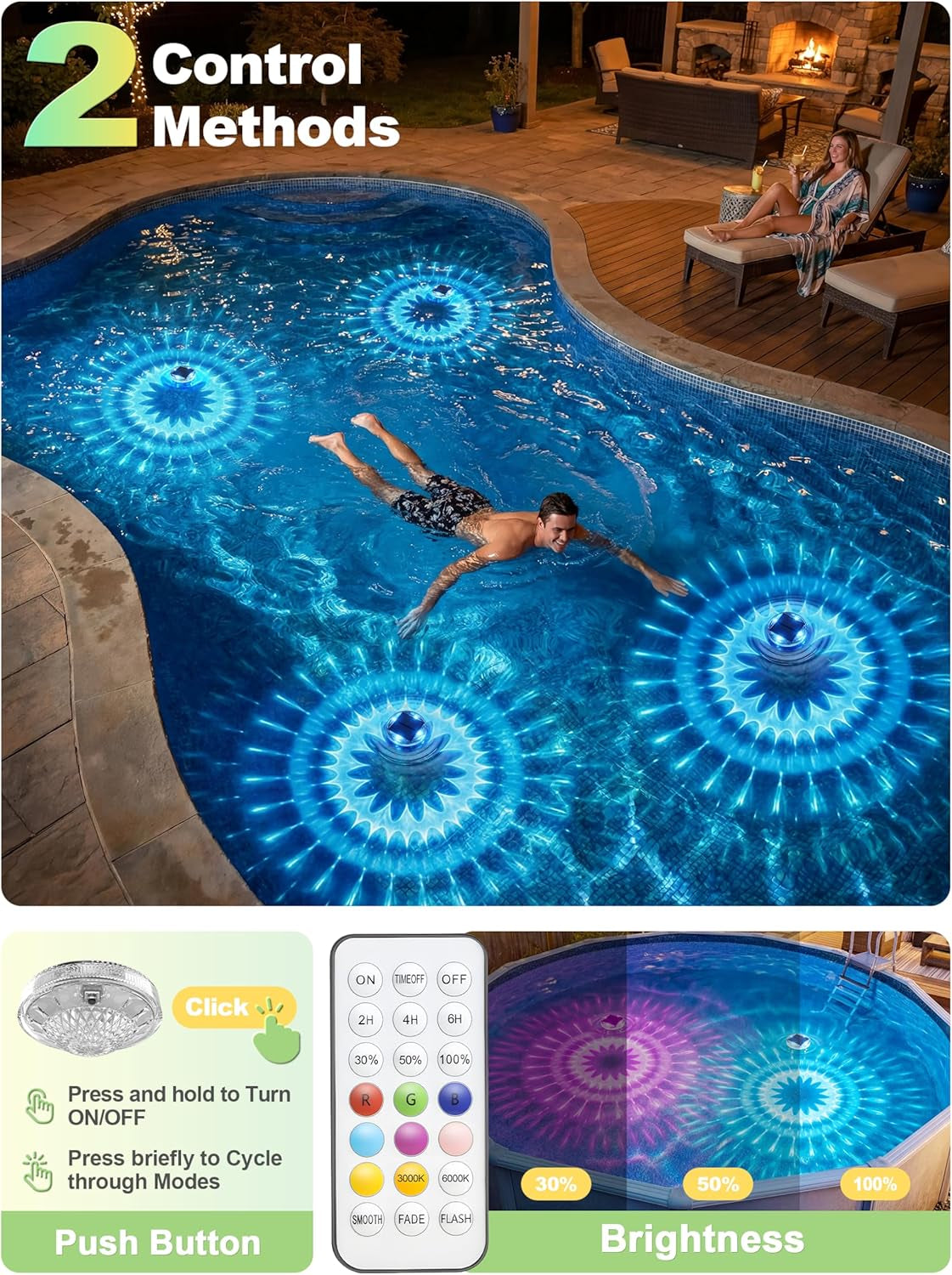Floating Solar Pool Lights(2 Pack), IP68 Waterproof Solar Powered Pool Lights with Remote Control & Timer, 9 Lighting Colors& 3 Modes Floating Light for Inground above Ground Pool, Hot Tubs