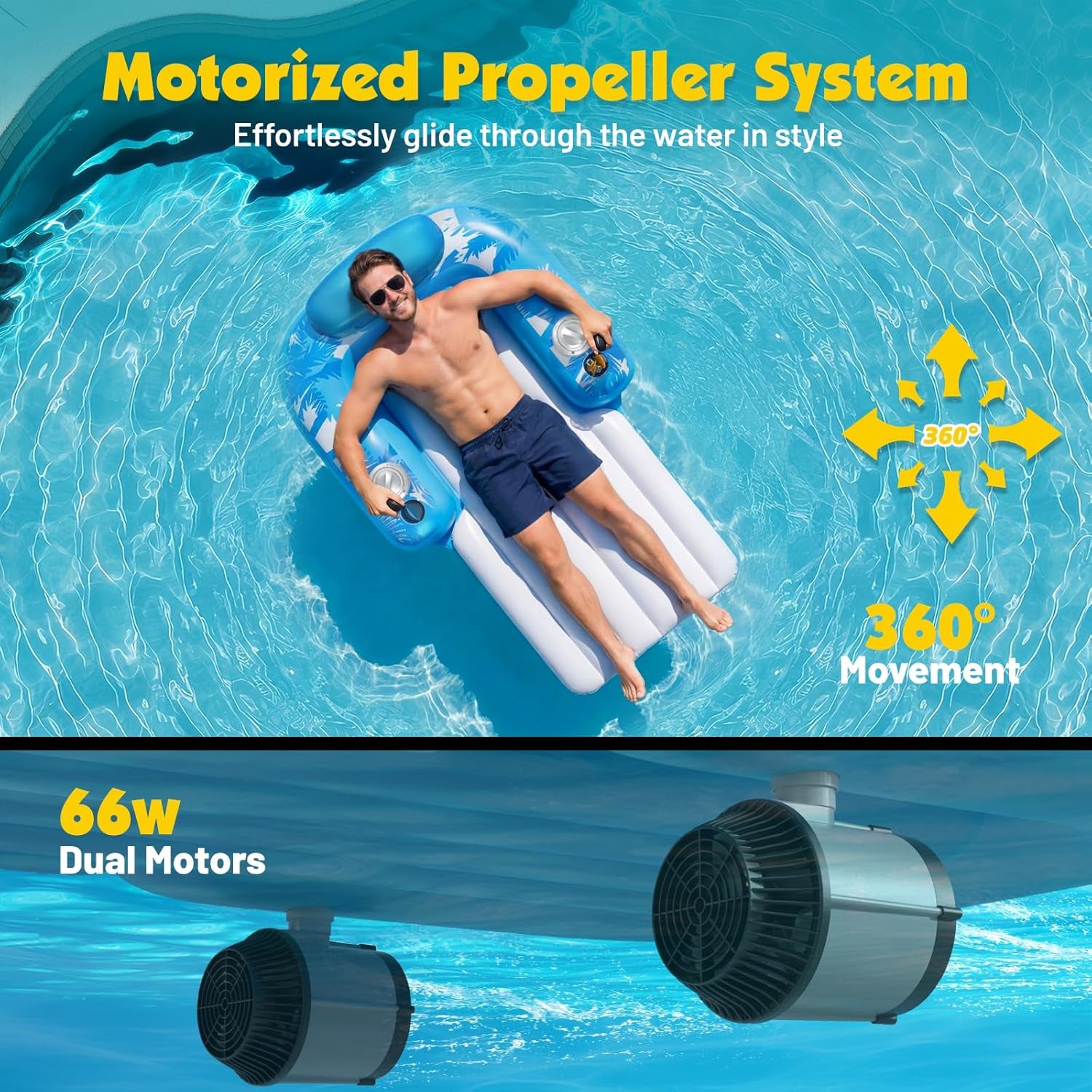 Inflatable Motorized Pool Floats for Adults - Rechargeable Pool Lounger with Dual Motors & 2 Storage Compartments, Electric Water Lounger Float, Pool Raft Holds up To250Lb, Pool Toys Adults