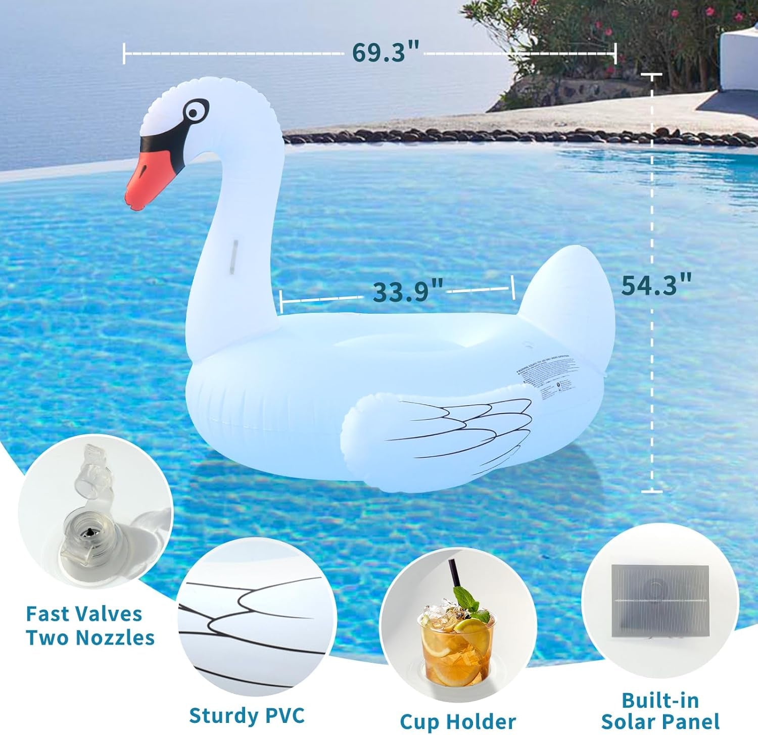 Big Swan Pool Floats Solar Powered Flamingo Pool Floats Adult W/Led Color Changing Lights, 69'' Large Inflatable Pool Floaties W/Cup Holder, Lake Float Lounger, Giant Light up Flamingo Pool Float