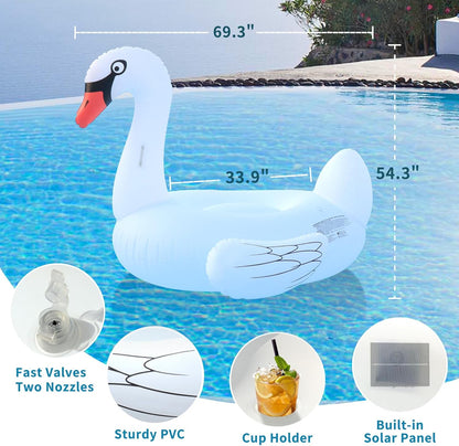 Big Swan Pool Floats Solar Powered Flamingo Pool Floats Adult W/Led Color Changing Lights, 69'' Large Inflatable Pool Floaties W/Cup Holder, Lake Float Lounger, Giant Light up Flamingo Pool Float