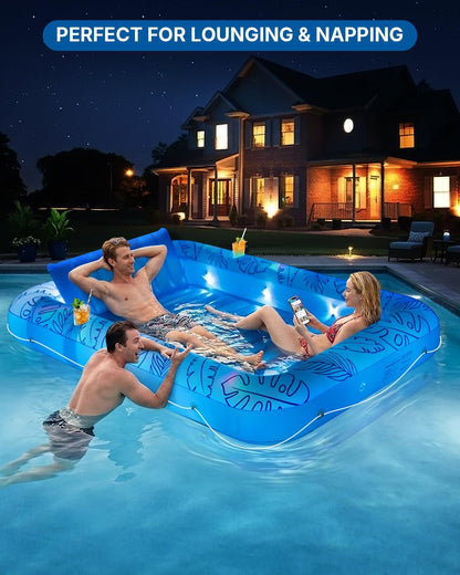 XL Inflatable Tanning Pool Float for 2 Adults with Lights,4 in 1 Suntan Tub Raft Float with Pillow, Cup Holders,85" X 59" Extra Large Blow up Pool Floats for Sunbathing, Pool, Backyard, Beach, Lake