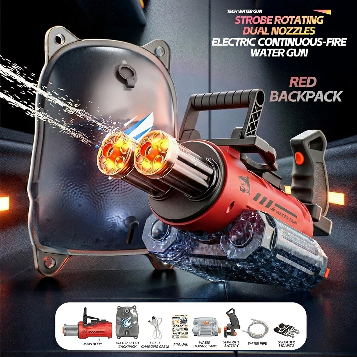 Electric Water Gun for Adults &Kids with AI Voice Control,Backpack Automatic Waterguns with Rotating Dual Nozzles & Led,60Mins Continuous Shooting,30Ft Range,Summer Outdoor Pool Beach Toy for Backyard