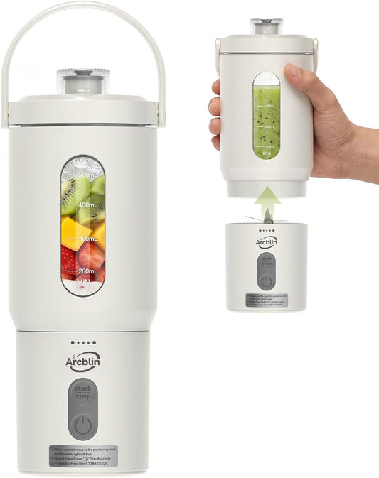 Portable Blender for Shakes and Smoothies, 17Oz Personal Blender with Detachable To-Go Cup & Carry Handle, USB-C Rechargeable Mini Juicer, Auto-Shutoff, BPA Free, Dishwasher Safe, White