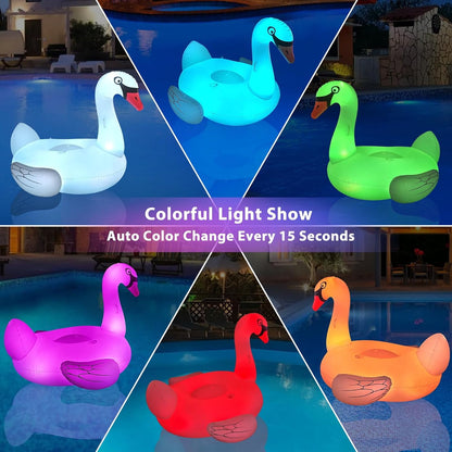 Big Swan Pool Floats Solar Powered Flamingo Pool Floats Adult W/Led Color Changing Lights, 69'' Large Inflatable Pool Floaties W/Cup Holder, Lake Float Lounger, Giant Light up Flamingo Pool Float