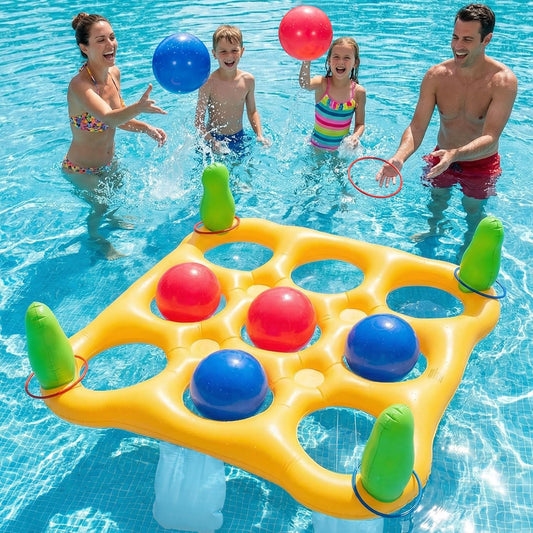 2 in 1 Pool Toys Games Set Inflatable Pool Float with 10 Balls & 8 Rings Tic-Tac-Toe Pool Games for Adults Kids, Fun Summer Party Beach Outdoor Yard Pool Game