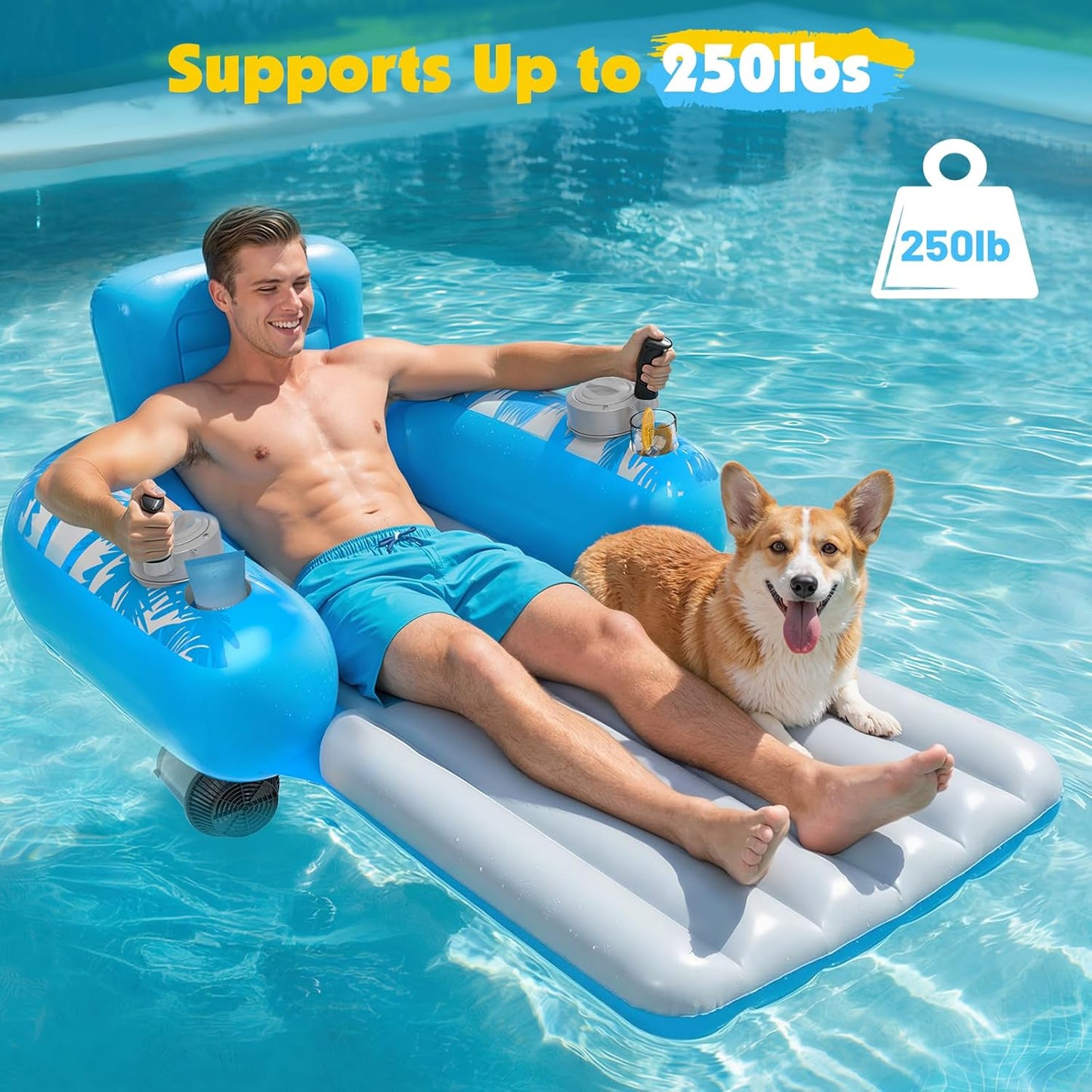 Inflatable Motorized Pool Floats for Adults - Rechargeable Pool Lounger with Dual Motors & 2 Storage Compartments, Electric Water Lounger Float, Pool Raft Holds up To250Lb, Pool Toys Adults