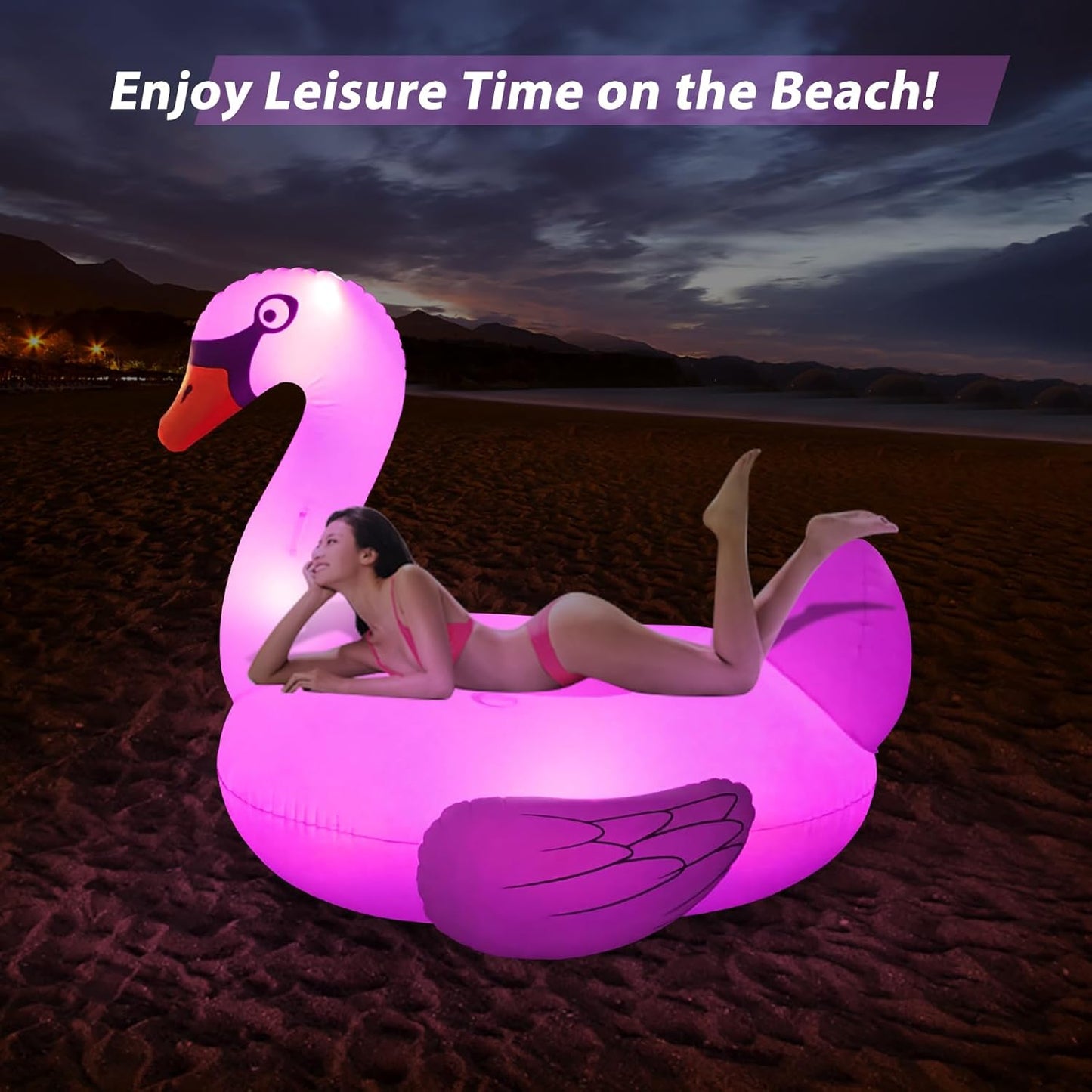 Big Swan Pool Floats Solar Powered Flamingo Pool Floats Adult W/Led Color Changing Lights, 69'' Large Inflatable Pool Floaties W/Cup Holder, Lake Float Lounger, Giant Light up Flamingo Pool Float