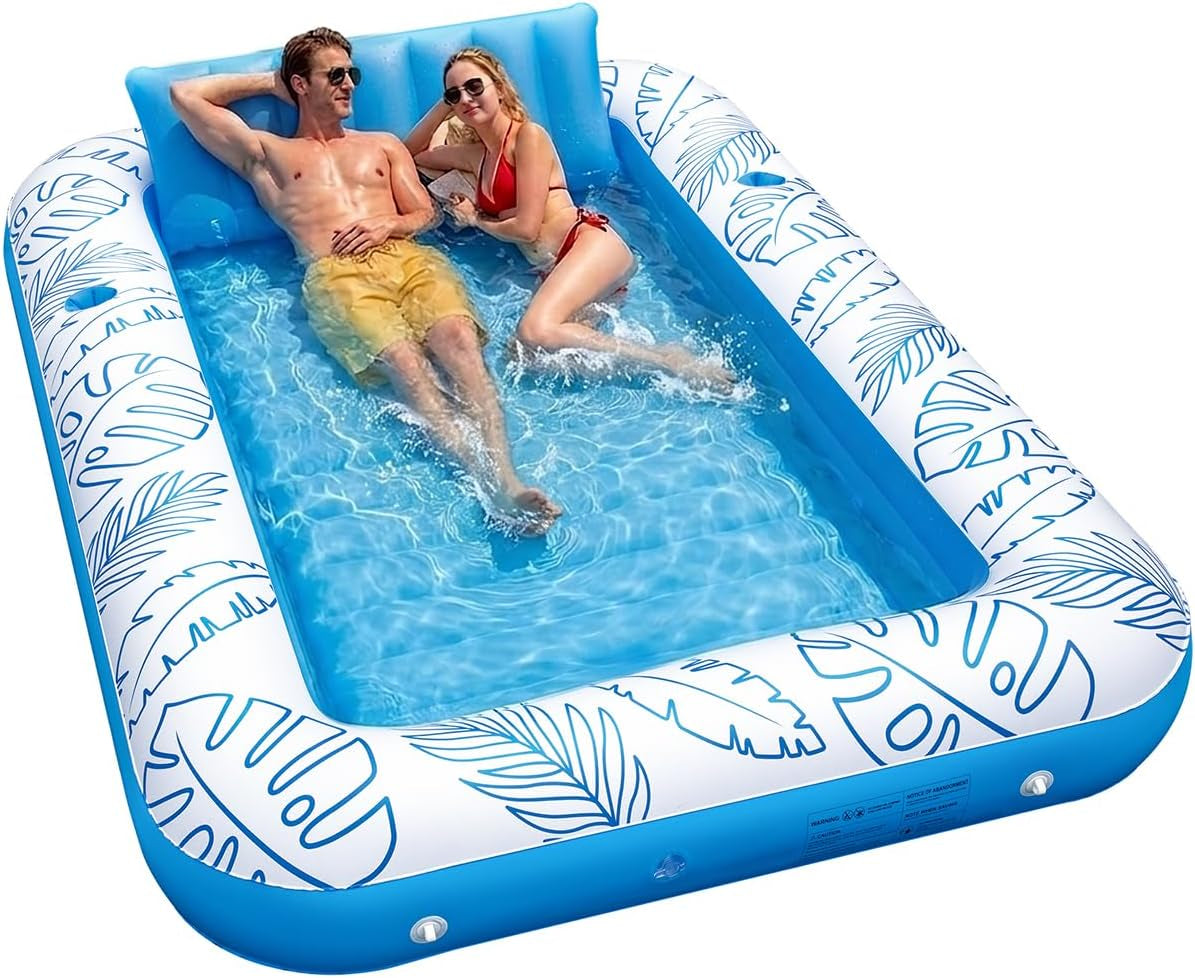 XL Inflatable Tanning Pool Float for 2 Adults with Lights,4 in 1 Suntan Tub Raft Float with Pillow, Cup Holders,85" X 59" Extra Large Blow up Pool Floats for Sunbathing, Pool, Backyard, Beach, Lake