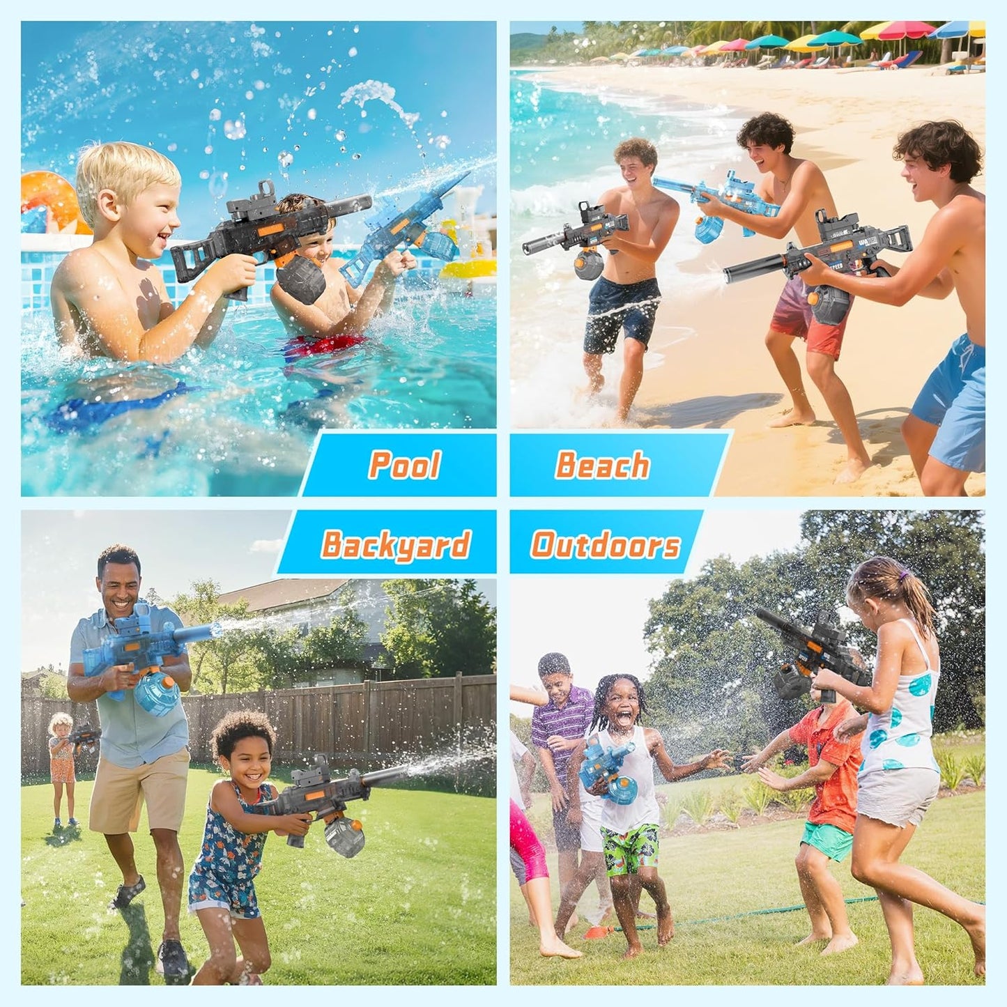 2 Pack Electric Water Guns for Adults & Kids, Automatic Squirt Guns with 32Ft Long Range, 300 Water Shots, LED Light, Summer Outdoor Swimming Pool Water Toys, Gray and Blue