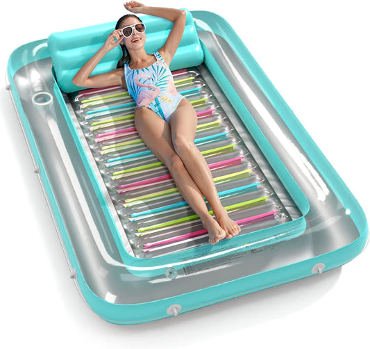 4 in 1 Inflatable Tanning Pool Lounger Float - Sunbathing Lounge Floatie Raft Toys, Water Filled Tanning Bed Mat Pad Blow up Kiddie Pool with Ball Pit for Adult, Kids (L)