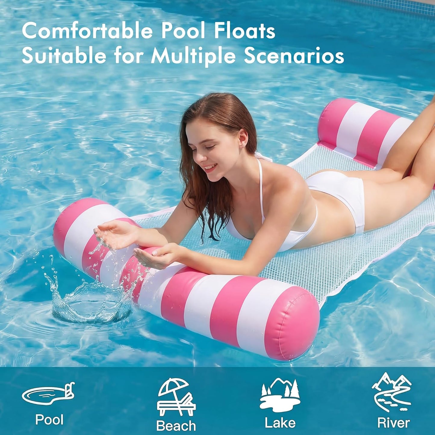 4 Pack Inflatable Pool Floats,  4-In-1 Water Hammock, Pool Floats Adult Size for Swimming Pool Party Summer Lake Water Fun