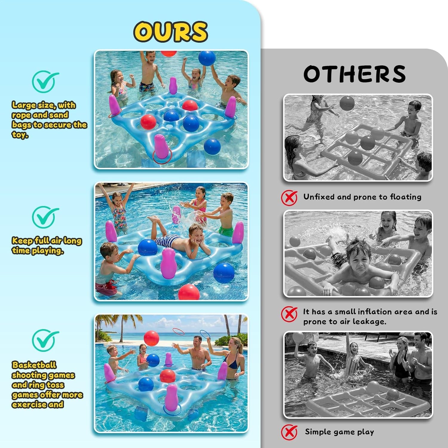 2 in 1 Pool Toys Games Set Inflatable Pool Float with 10 Balls & 8 Rings Tic-Tac-Toe Pool Games for Adults Kids, Fun Summer Party Beach Outdoor Yard Pool Game
