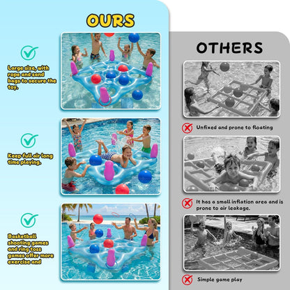 2 in 1 Pool Toys Games Set Inflatable Pool Float with 10 Balls & 8 Rings Tic-Tac-Toe Pool Games for Adults Kids, Fun Summer Party Beach Outdoor Yard Pool Game