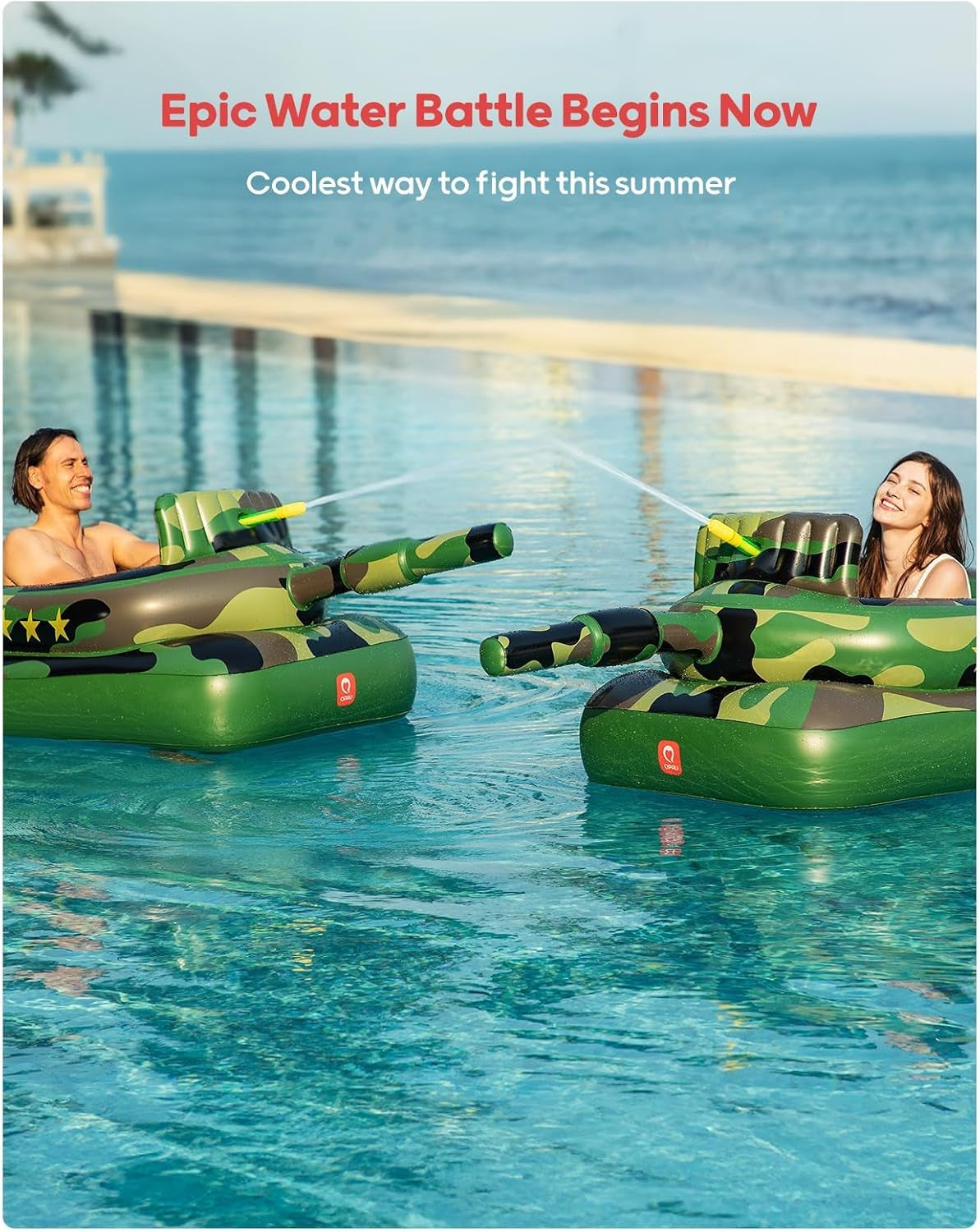 Inflatable Tank Pool Float for Adults & Kids – Ride-On Camouflage Floaty with Water Cannon, Swim Raft Toy for Boys Girls, Lake Beach Backyard Party Floaties