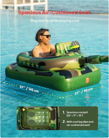 Inflatable Tank Pool Float for Adults & Kids – Ride-On Camouflage Floaty with Water Cannon, Swim Raft Toy for Boys Girls, Lake Beach Backyard Party Floaties