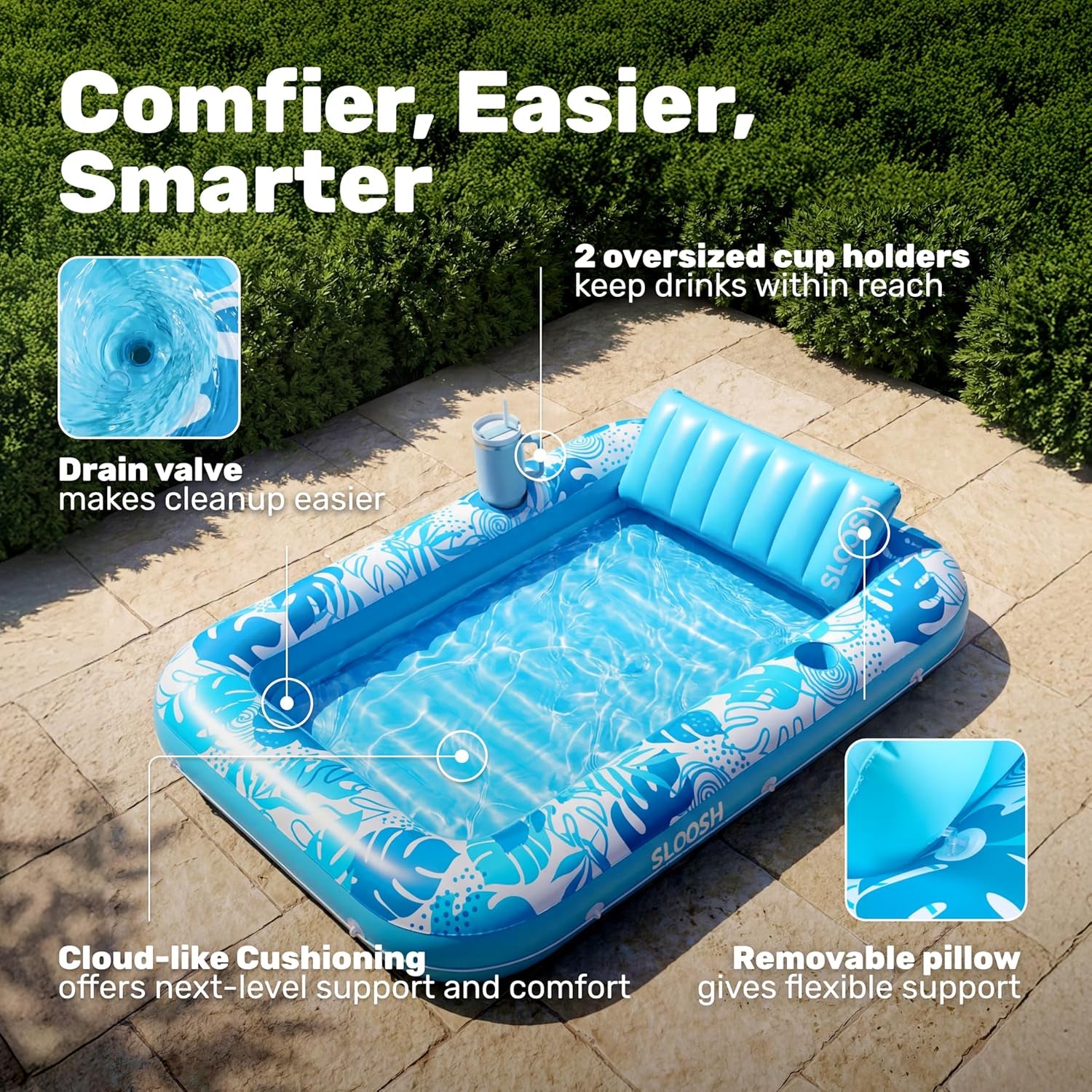 Inflatable Tanning Pool Lounger Float, 85" X 57" Extra Large Pool Floats Adult with Pillow, 4 in 1 Suntan Tub Raft Floatie,Sunbathing Bed Lounge for Water Blow up Ball Pit Party Gifts, Xl-Blue