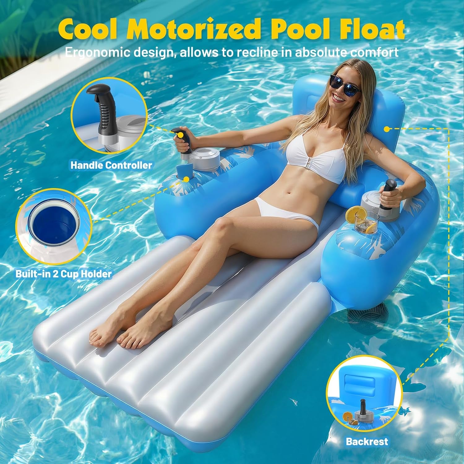 Inflatable Motorized Pool Floats for Adults - Rechargeable Pool Lounger with Dual Motors & 2 Storage Compartments, Electric Water Lounger Float, Pool Raft Holds up To250Lb, Pool Toys Adults
