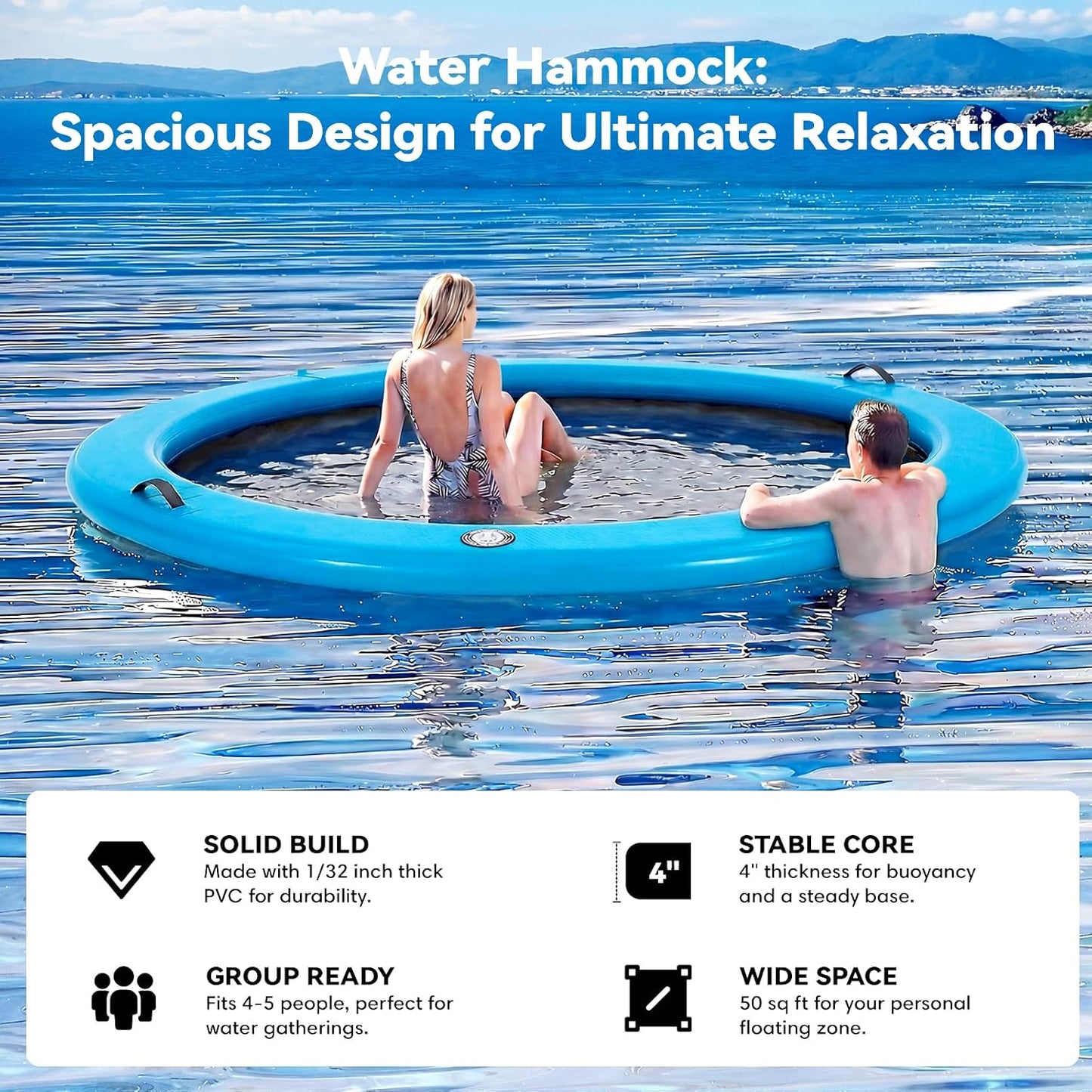 6-12FT round Inflatable Floating Dock, Sunchill Float Ring, Water Hammock Tanning Pool Floats with Woven Fabric, Manual Pump for Quick Inflate/Deflate, Fits 2-8, Ideal for Lakes, Oceans
