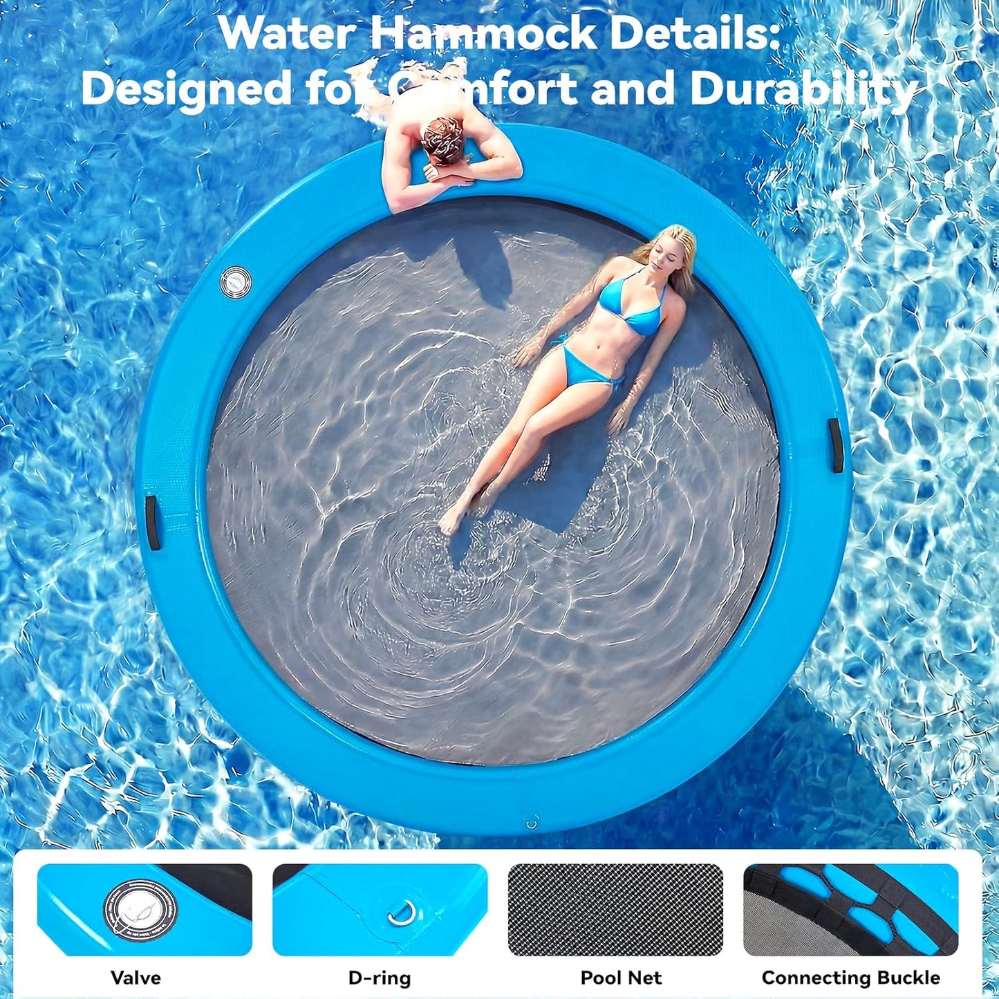 6-12FT round Inflatable Floating Dock, Sunchill Float Ring, Water Hammock Tanning Pool Floats with Woven Fabric, Manual Pump for Quick Inflate/Deflate, Fits 2-8, Ideal for Lakes, Oceans