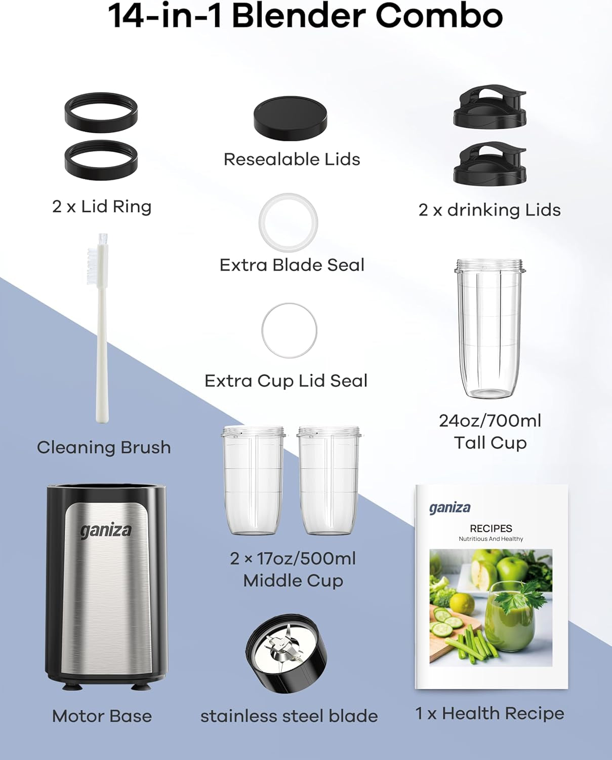 Blender for Smoothies, 14Pcs Personal Blender for Shake and Smoothies for Kitchen with 3 Portable Cups (1X24Oz & 2X17Oz), Single Serve Smoothie Maker, Nutritious Recipe