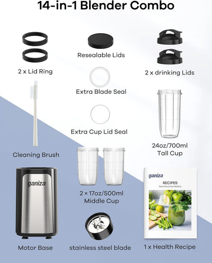 Blender for Smoothies, 14Pcs Personal Blender for Shake and Smoothies for Kitchen with 3 Portable Cups (1X24Oz & 2X17Oz), Single Serve Smoothie Maker, Nutritious Recipe