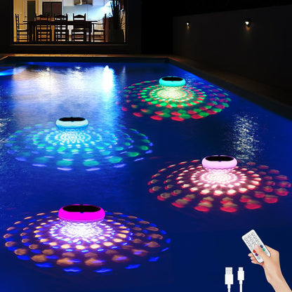 Solar Floating Pool Lights(4 PCS), USB Rechargeable Pool Lights, 2600Mah 6.7" IP68 Waterproof Pool Lights That Float with Remote, RGB 13 Colors Upper and Lower Glow Hangable Floating Light