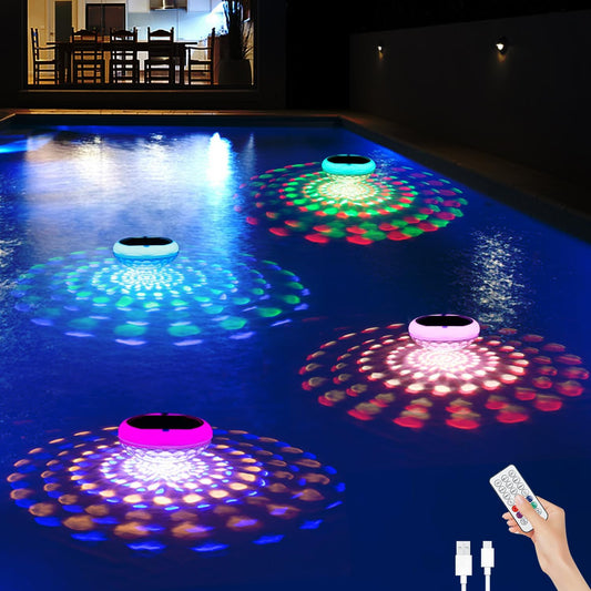 Solar Floating Pool Lights(4 PCS), USB Rechargeable Pool Lights, 2600Mah 6.7" IP68 Waterproof Pool Lights That Float with Remote, RGB 13 Colors Upper and Lower Glow Hangable Floating Light