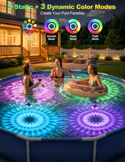 Floating Solar Pool Lights(2 Pack), IP68 Waterproof Solar Powered Pool Lights with Remote Control & Timer, 9 Lighting Colors& 3 Modes Floating Light for Inground above Ground Pool, Hot Tubs