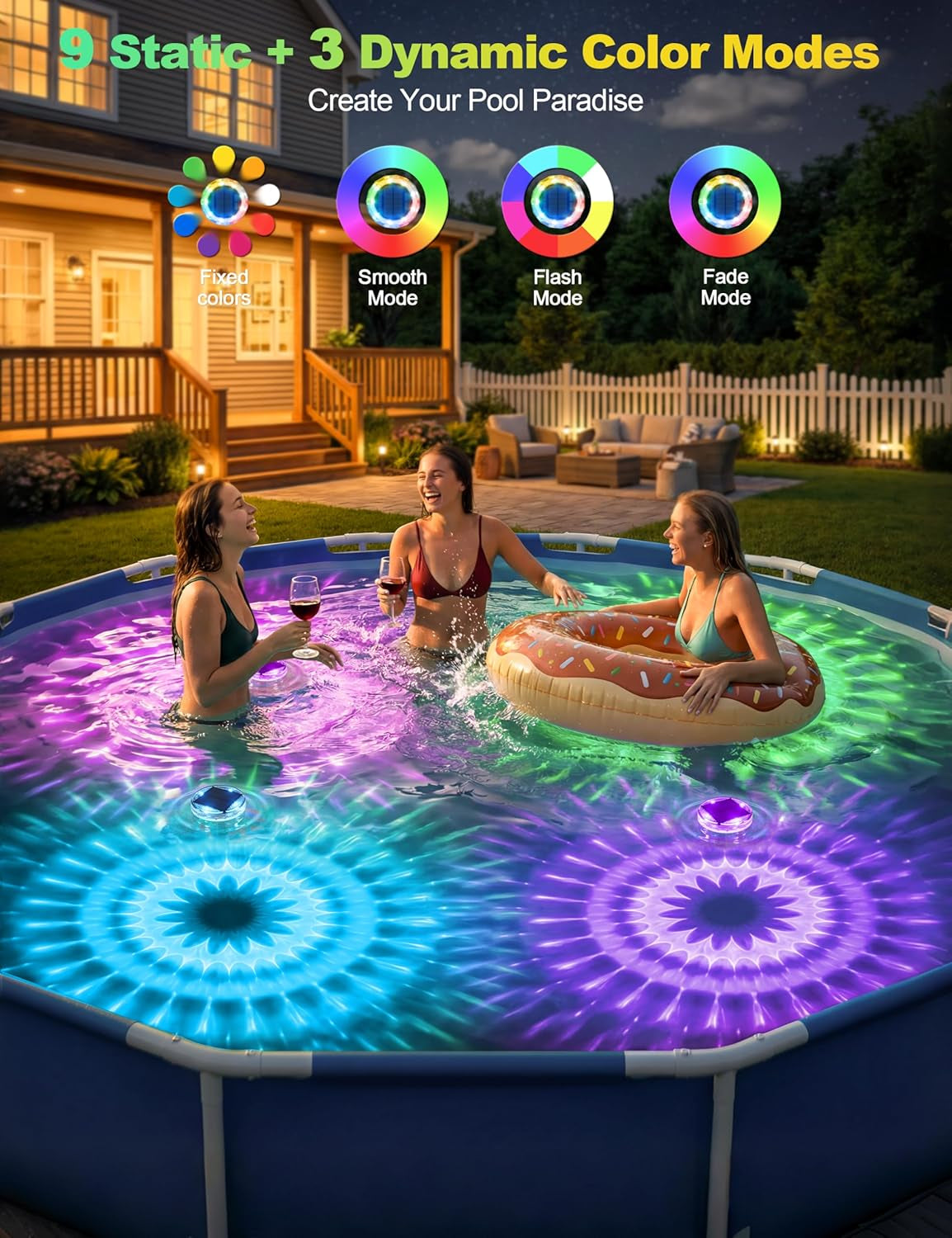 Floating Solar Pool Lights(3 Pack), IP68 Waterproof Solar Powered Pool Lights with Remote Control & Timer, 9 Lighting Colors& 3 Modes Pool Light for Inground above Ground Pool, Hot Tubs