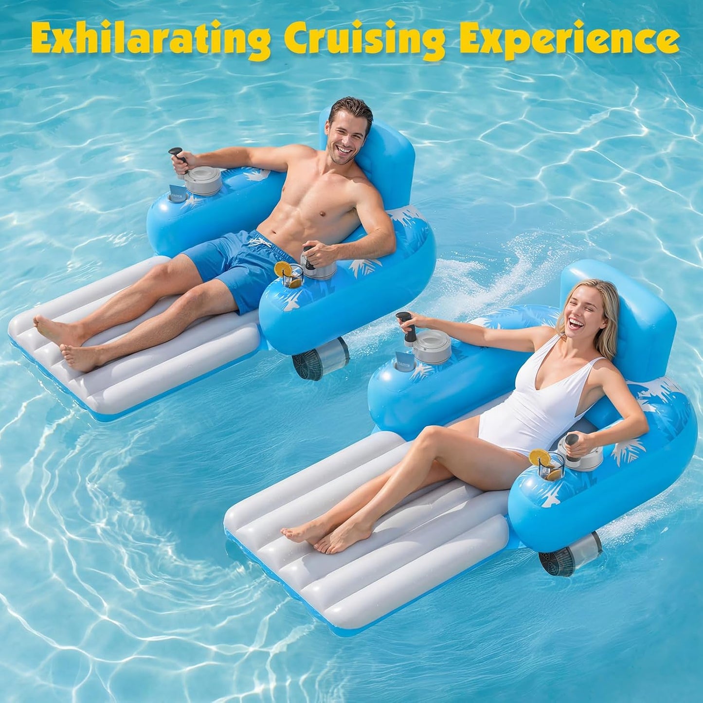 Inflatable Motorized Pool Floats for Adults - Rechargeable Pool Lounger with Dual Motors & 2 Storage Compartments, Electric Water Lounger Float, Pool Raft Holds up To250Lb, Pool Toys Adults