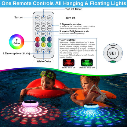 Solar Floating Pool Lights(4 PCS), USB Rechargeable Pool Lights, 2600Mah 6.7" IP68 Waterproof Pool Lights That Float with Remote, RGB 13 Colors Upper and Lower Glow Hangable Floating Light